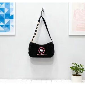 Hello Kitty Black Corduroy Shoulder Bag Cute Mini Crossbody Purse Floral Logo